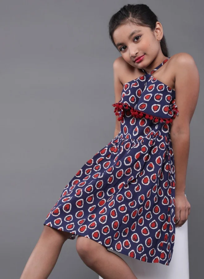 AKS Geometric Printed A-Line Dress for Girls