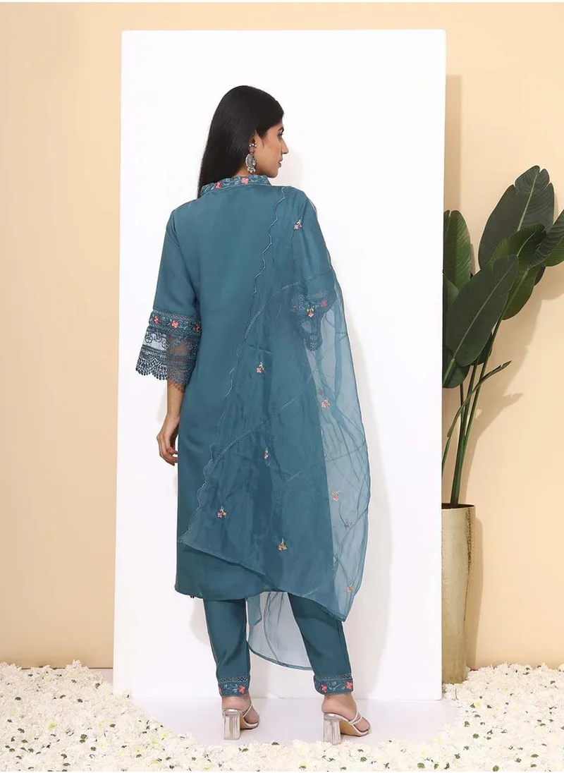 ISHIN Straight Fit Embroidered Pattern Round Neck Three-Quarter Sleeves Blue Colour Knitted Cotton Kurta Set for Women with Semi Elastic Closure - Blending Tradition with Modern Style