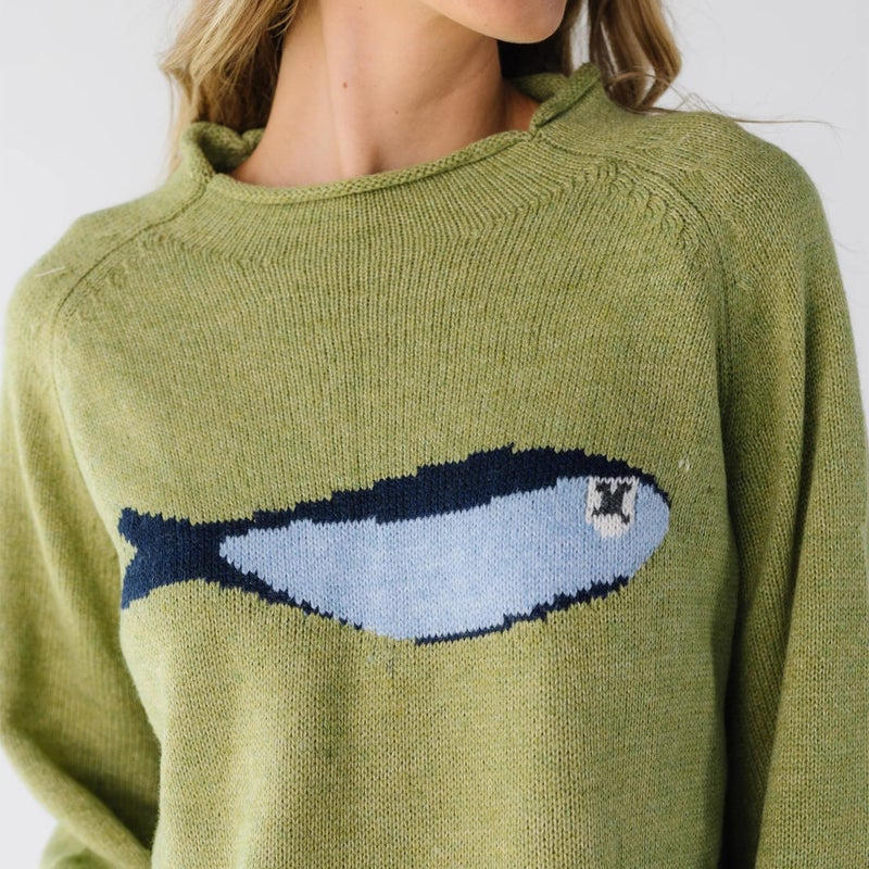 Maohao Women's Oversized Roll Neck Cute Animal Graphic Sweater Long Sleeve Chunky Knit Pullover Tops Casual Patterned Knitwear(Olive-Fish,L) - Image 3