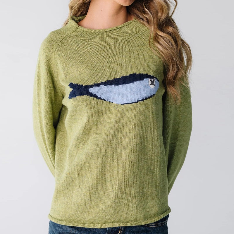 Maohao Women's Oversized Roll Neck Cute Animal Graphic Sweater Long Sleeve Chunky Knit Pullover Tops Casual Patterned Knitwear(Olive-Fish,L) - Image 4