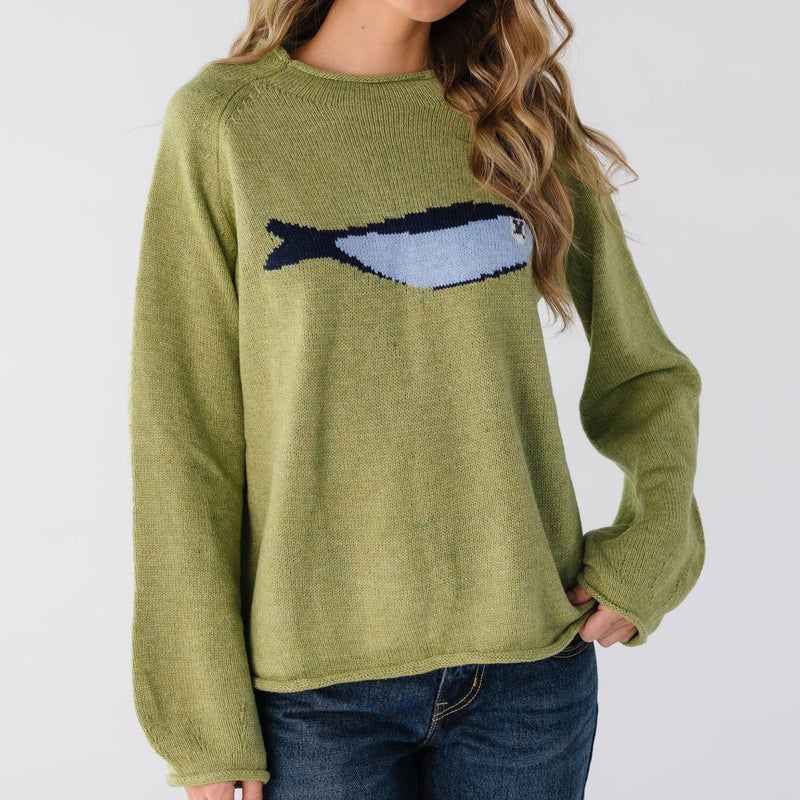 Maohao Women's Oversized Roll Neck Cute Animal Graphic Sweater Long Sleeve Chunky Knit Pullover Tops Casual Patterned Knitwear(Olive-Fish,L) - Image 2