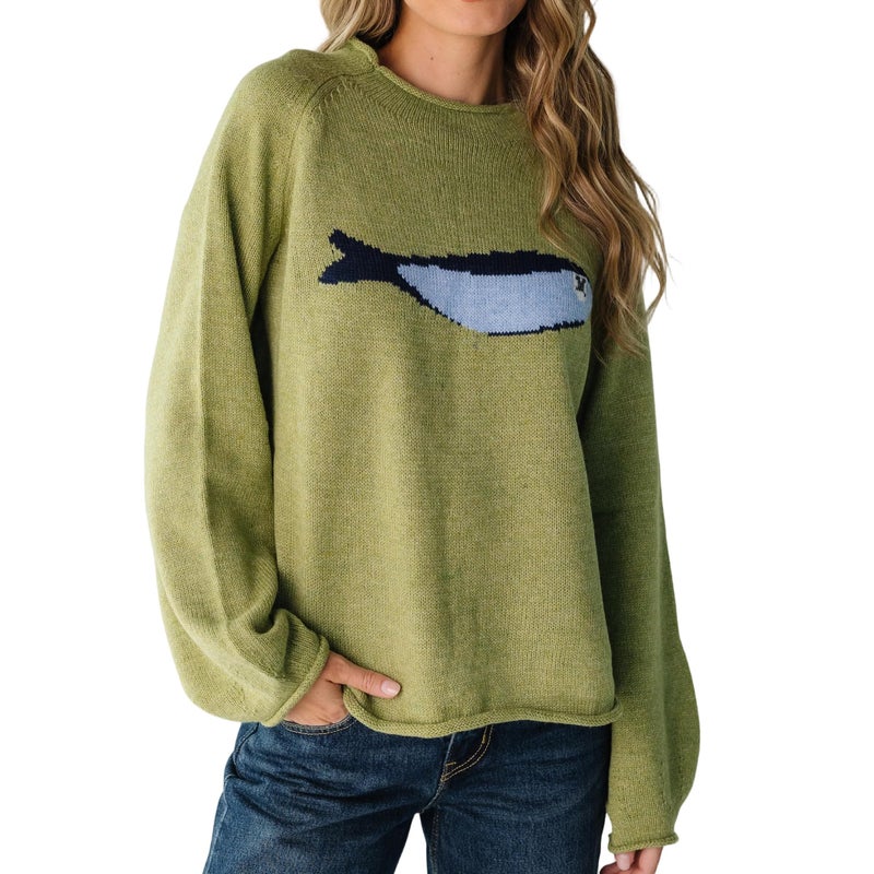 Maohao Women's Oversized Roll Neck Cute Animal Graphic Sweater Long Sleeve Chunky Knit Pullover Tops Casual Patterned Knitwear(Olive-Fish,L) - Image 1