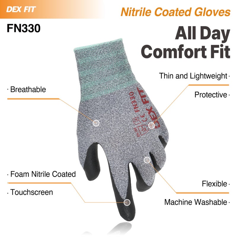 DEX FIT قفازات عمل دكس فيت نيتريل FN330، 3 أزواج، تصميم مريح ثلاثي الأبعاد، قبضة قوية، رقيقة وخفيفة الوزن، متوافقة مع شاشة اللمس، متينة، قابلة للتنفس وباردة، قابلة للغسل في الغسالة؛ رمادي M (8) - Image 4