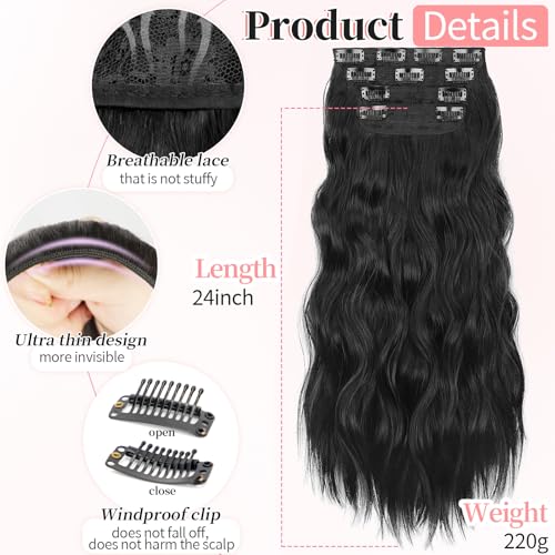 KooKaStyle Clip in Synthetic Hair Extensions Long Wavy 4PCS Thick Hairpieces Black Fiber Double Weft Natural Hair Extensions 24 Inch for Women - Image 2