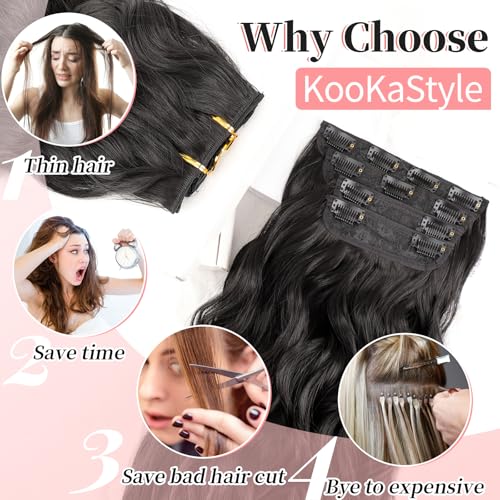 KooKaStyle Clip in Synthetic Hair Extensions Long Wavy 4PCS Thick Hairpieces Black Fiber Double Weft Natural Hair Extensions 24 Inch for Women - Image 5