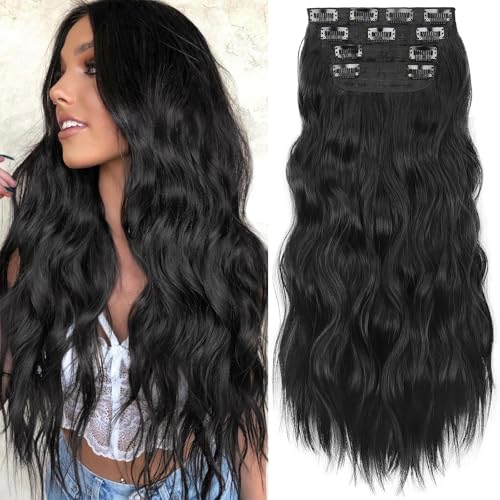 KooKaStyle Clip in Synthetic Hair Extensions Long Wavy 4PCS Thick Hairpieces Black Fiber Double Weft Natural Hair Extensions 24 Inch for Women - Image 1
