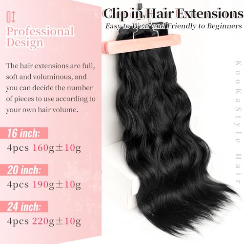 KooKaStyle Clip in Synthetic Hair Extensions Long Wavy 4PCS Thick Hairpieces Black Fiber Double Weft Natural Hair Extensions 24 Inch for Women - Image 4