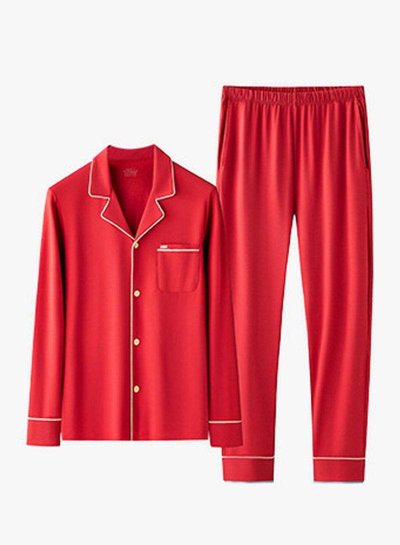 Loquat Women's 2-Piece Set Nightgown Sleepwear Long Sleeve Lapel Top And Pants Soft Loungewear Pajamas Suit Red