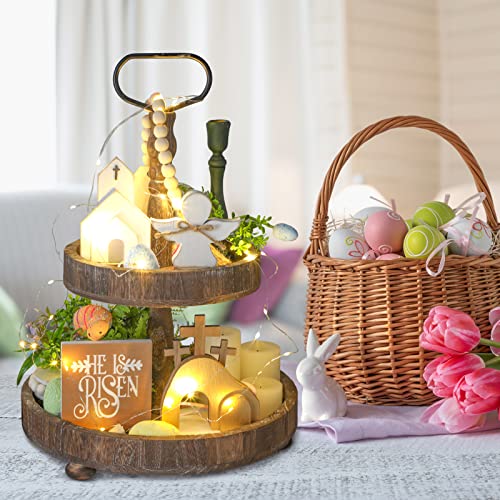 Glenmal 4 Pcs Easter Tiered Tray Decor He is Risen Religious Tiered Tray Decorations Wooden Easter Jesus Sign with LED Fairy Lights for Farmhouse Home Church Table Christian Catholic Cross Gifts - Image 3
