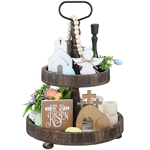 Glenmal 4 Pcs Easter Tiered Tray Decor He is Risen Religious Tiered Tray Decorations Wooden Easter Jesus Sign with LED Fairy Lights for Farmhouse Home Church Table Christian Catholic Cross Gifts - Image 1