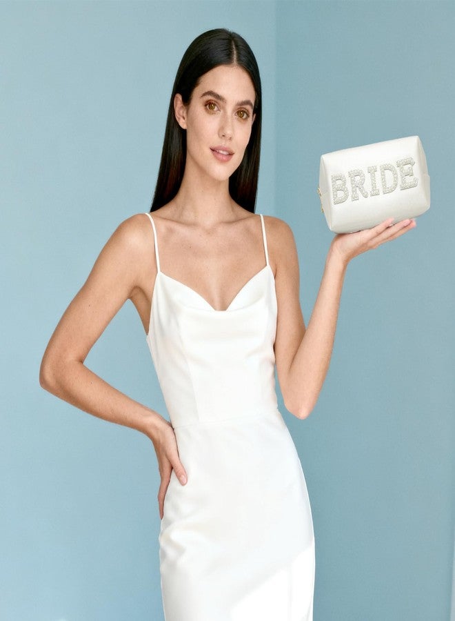 Luwigs Pearl-Embellished Bride Cosmetic Makeup Bag for Women Etercycle Bride Patch Letter Bag Waterproof PU Travel Toiletry for Bachelorette Party Wedding Gifts (White) - Image 4