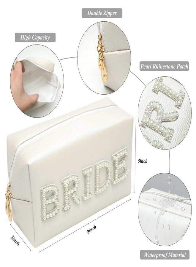 Luwigs Pearl-Embellished Bride Cosmetic Makeup Bag for Women Etercycle Bride Patch Letter Bag Waterproof PU Travel Toiletry for Bachelorette Party Wedding Gifts (White) - Image 2