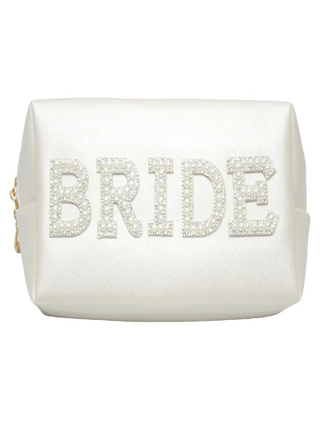 Luwigs Pearl-Embellished Bride Cosmetic Makeup Bag for Women Etercycle Bride Patch Letter Bag Waterproof PU Travel Toiletry for Bachelorette Party Wedding Gifts (White) - Image 1