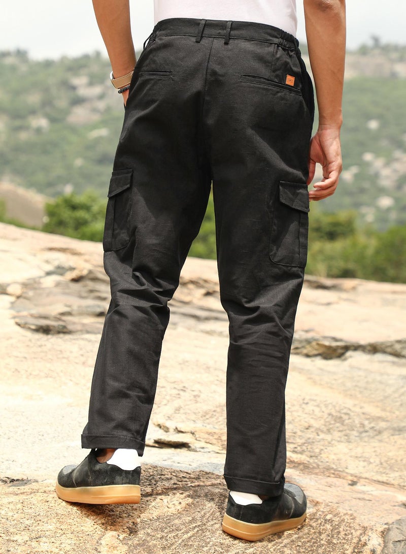 Campus Sutra Campus Sutra Men's Midnight Black Pleated Utility-Tapered Trousers | Mid-Rise , Straight Hem , Button Closure | Solid Plain | Linen-Blend Trousers For Casual Wear - Image 5