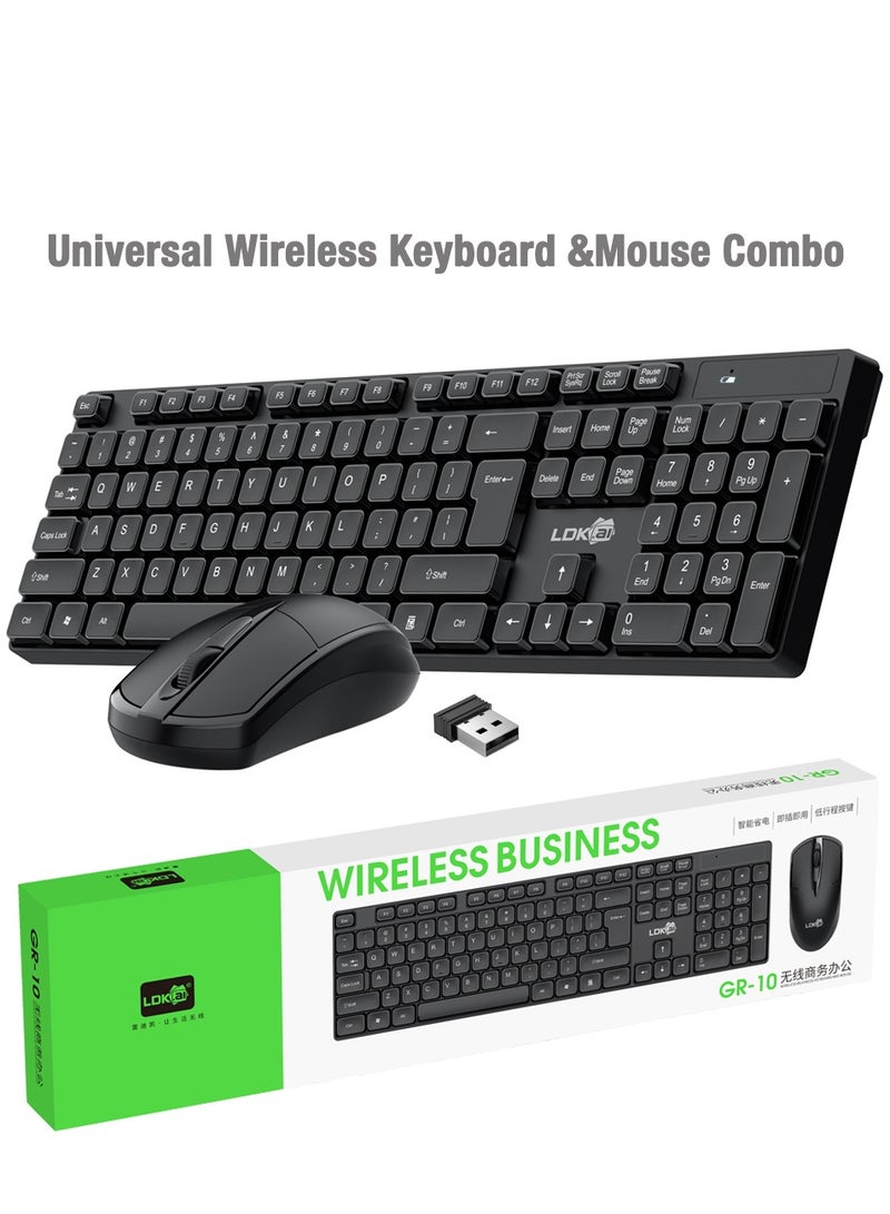 LDKAI مجموعة لوحة المفاتيح والفأرة اللاسلكية GR-10 – لوحة مفاتيح كاملة الحجم صامتة بتقنية 2.4G مع مفاتيح شوكولاتة، نطاق 10م، تقنية توفير الطاقة، للاستخدام في المكتب والمنزل (أسود) - Image 2
