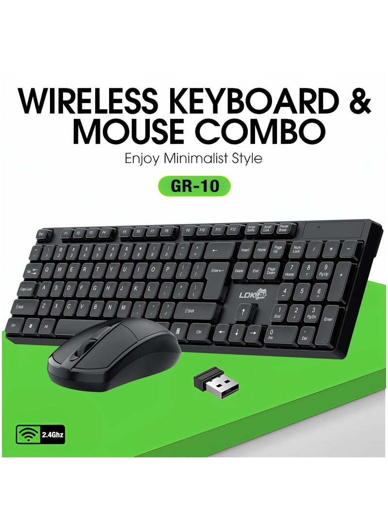 LDKAI مجموعة لوحة المفاتيح والفأرة اللاسلكية GR-10 – لوحة مفاتيح كاملة الحجم صامتة بتقنية 2.4G مع مفاتيح شوكولاتة، نطاق 10م، تقنية توفير الطاقة، للاستخدام في المكتب والمنزل (أسود) - Image 1