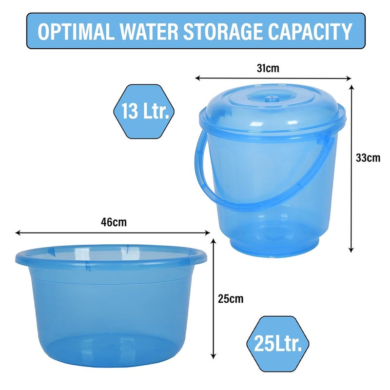 Kuber Industries Set of 4 Bathroom Combo Set Bathroom Set 2 Piece Tub25 L 2 Piece Bucket13 L Bathing Set Modern Bathroom Accessories Set Transparent Blue - Image 3