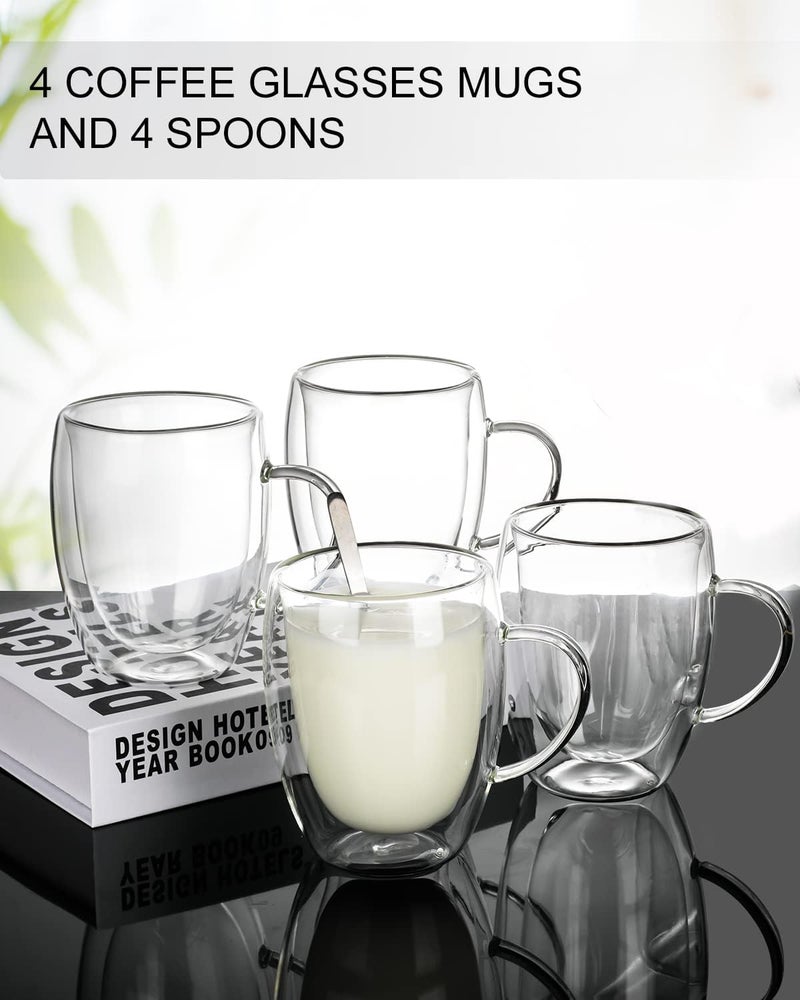 LIBWYS 4 Pack Double Walled Coffee Cups Glasses Mugs 12oz, Espresso Cappuccino Latte Tea Cups with Handle, Heat Resistant Borosilicate Clear Glasses 350ml - Image 2