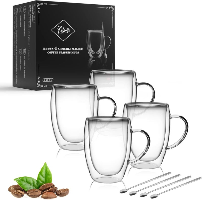 LIBWYS 4 Pack Double Walled Coffee Cups Glasses Mugs 12oz, Espresso Cappuccino Latte Tea Cups with Handle, Heat Resistant Borosilicate Clear Glasses 350ml - Image 1