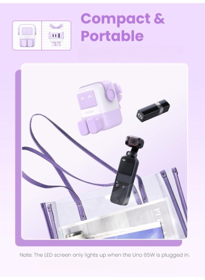 UGREEN ECO 65W USB C Charger with 3-Port Nexode Robot GaN LED Display, Mini Type C Fast Power Adapter - Purple - Image 2