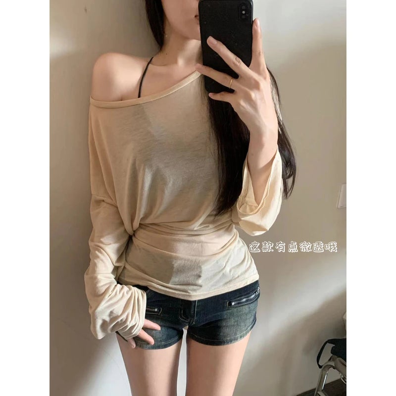 2025 Spring And Style Lazy Loose Slimming Versatile Strappy Round Neck Slightly See-Through Thin Sun Protection Blouse Top - Image 1