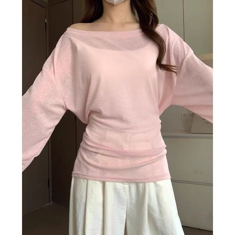 2025 Spring And Style Lazy Loose Slimming Versatile Strappy Round Neck Slightly See-Through Thin Sun Protection Blouse Top - Image 5