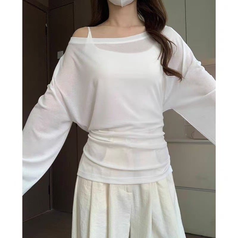 2025 Spring And Style Lazy Loose Slimming Versatile Strappy Round Neck Slightly See-Through Thin Sun Protection Blouse Top - Image 3