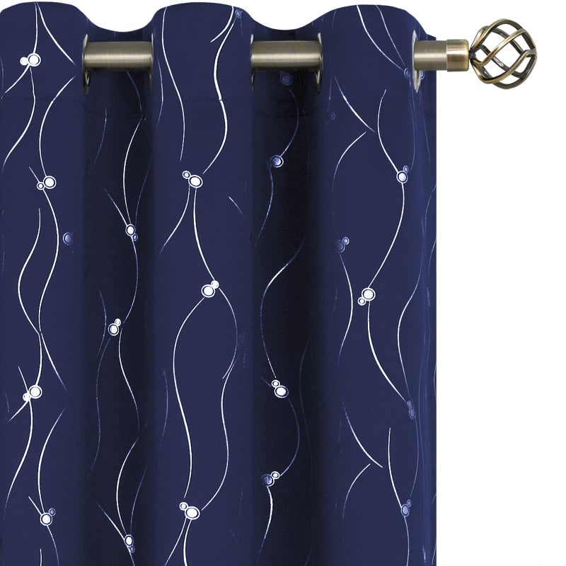 BGment Blackout Curtains 63 Inch Length 2 Panels Set Grommet Thermal Insulated Room Darkening Window Curtains with Wave Line and Dots Printed for Bedroom 42 x 63 Inch Navy Blue