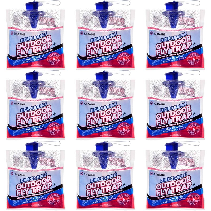 BugBane Fly Traps Outdoor Fly Trap for Patio. 9 Non-Toxic Pre-Baited Flies Bags Outdoor Disposable. Hanging Bug Catchers for All Filth Flies Killer for Outside Bug Control in Yard Horse Ranch Trash Can - Image 1