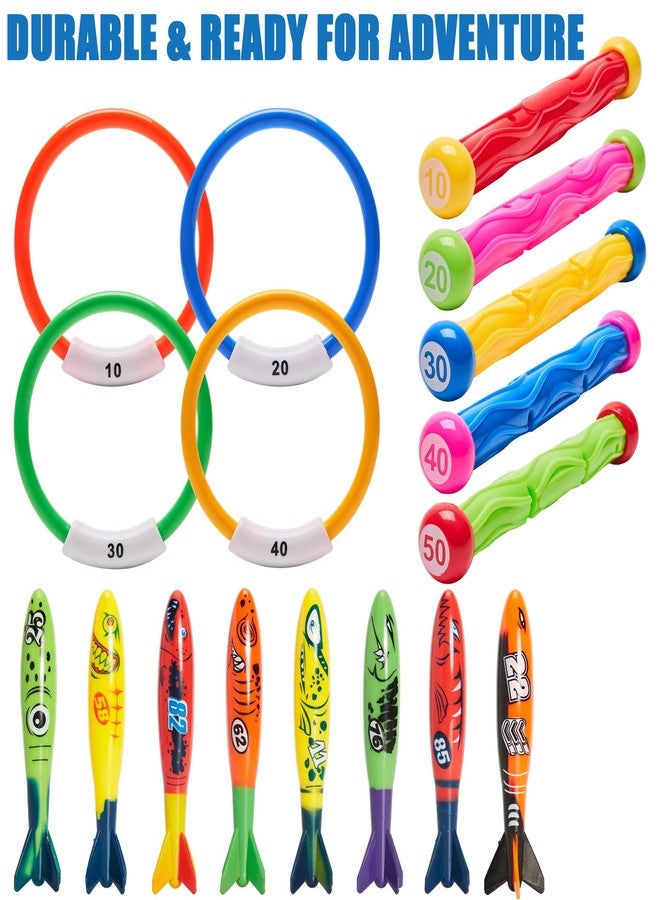 PARENTSWELL 17 Pcs Pool Diving Toys for Kids Adults, Swimming Pool Toy Set Includes 8 Dive Torpedos, 5 Diving Sticks & 4 Diving Rings for Swim Pool Games, Water Fun Games - Image 3
