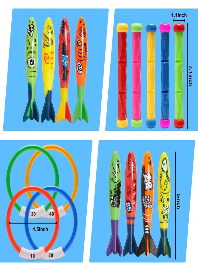 PARENTSWELL 17 Pcs Pool Diving Toys for Kids Adults, Swimming Pool Toy Set Includes 8 Dive Torpedos, 5 Diving Sticks & 4 Diving Rings for Swim Pool Games, Water Fun Games - Image 2