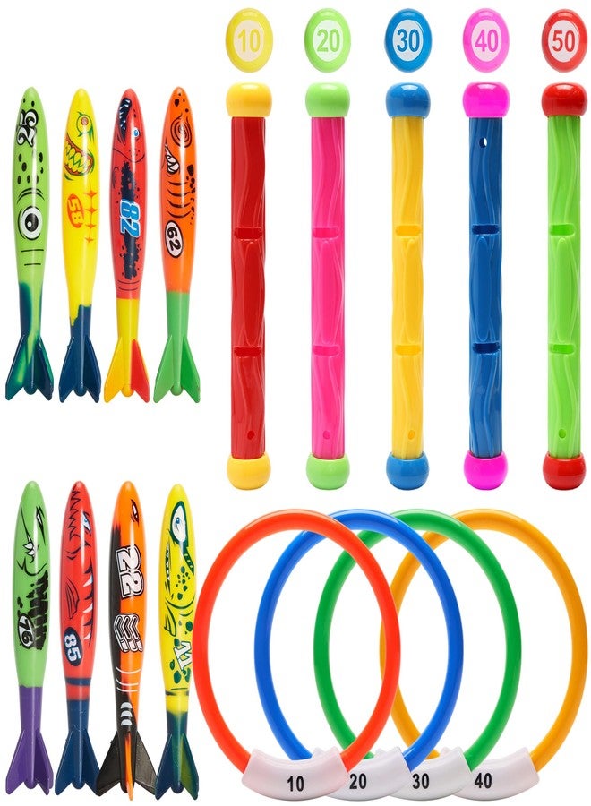 PARENTSWELL 17 Pcs Pool Diving Toys for Kids Adults, Swimming Pool Toy Set Includes 8 Dive Torpedos, 5 Diving Sticks & 4 Diving Rings for Swim Pool Games, Water Fun Games - Image 1
