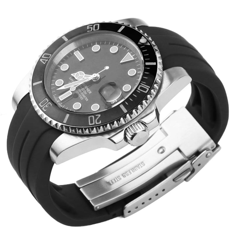 22mm Curved End Rubber Watch Band for Rolex Omega Seiko Citizen Two Way Adjustment Watch Strap fit Small Medium Large Wrist Men Women Waterproof Replacement Universal Watchand Bracelet Wristband Black