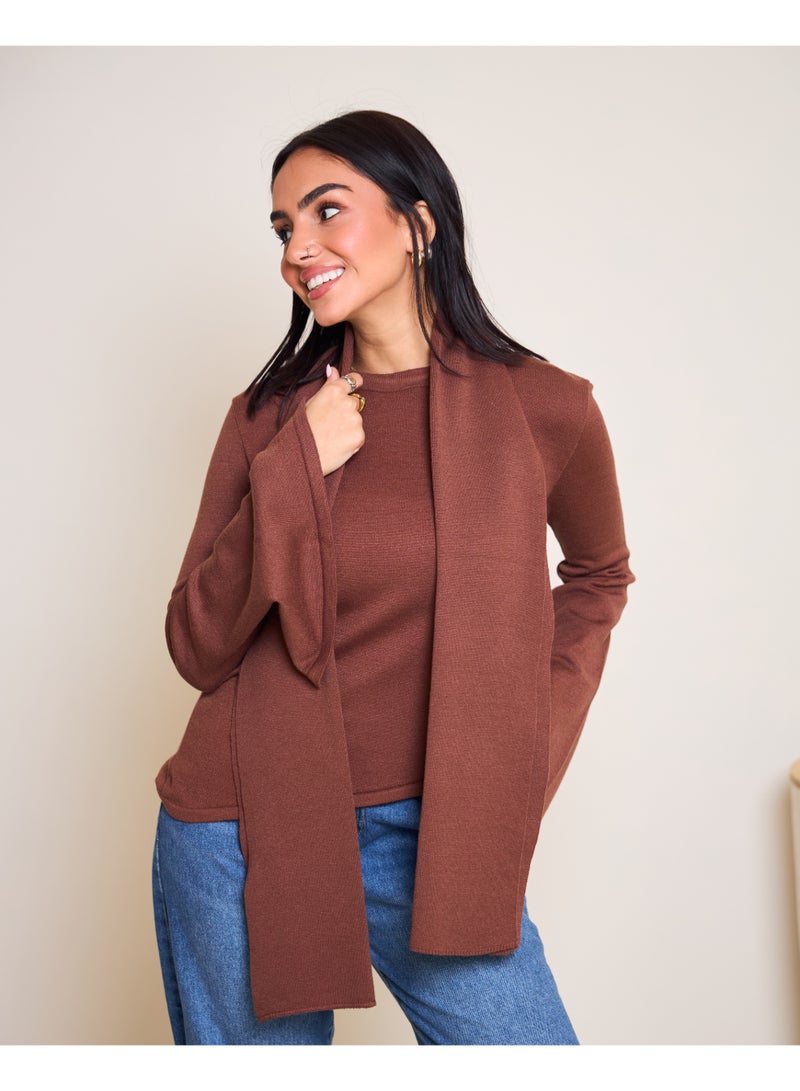 Dresscode Scarved Knitted Brown Top - Image 1