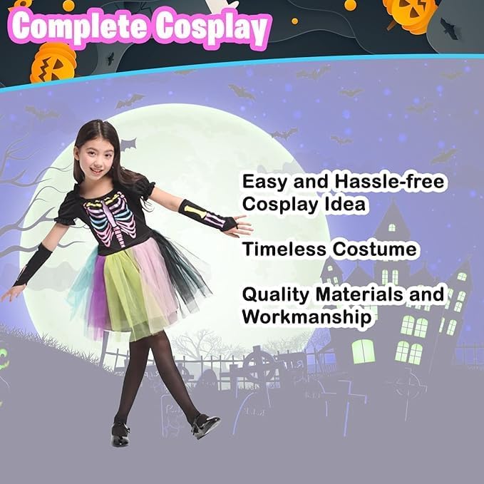 Home Smart Skeleton Costume Dress for Girls Rainbow Color Style Outfit Stage Performance Event Party & Birthday - Image 3