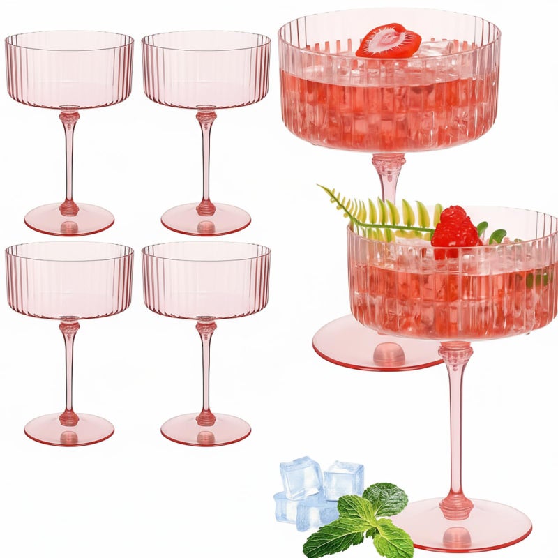 Jingmore 6 Pcs Ribbed Martini Glasses 10 oz Disposable Plastic Vintage Ribbed Coupe Glasses Unbreakable Dessert Parfait Glassware for Wedding Birthday Party Supplies (Pink) - Image 1