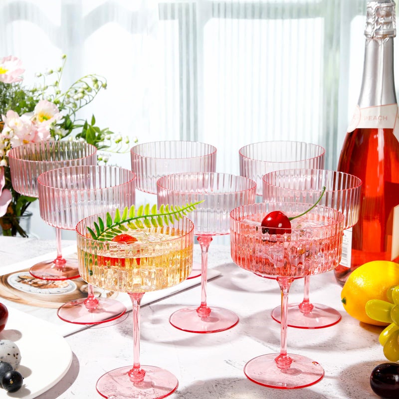 Jingmore 6 Pcs Ribbed Martini Glasses 10 oz Disposable Plastic Vintage Ribbed Coupe Glasses Unbreakable Dessert Parfait Glassware for Wedding Birthday Party Supplies (Pink) - Image 3