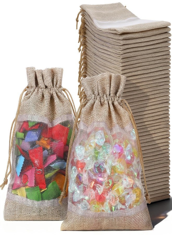 Caeuiciw 50 Pcs Burlap Bags with Drawstring Burlap Gift Bags 5x7 Small Burlaps Gift Bags With Window Small Linen Sheer Bag Linen Mesh See Through Gifts Bag for Party, Cosmetic Samples - Image 1