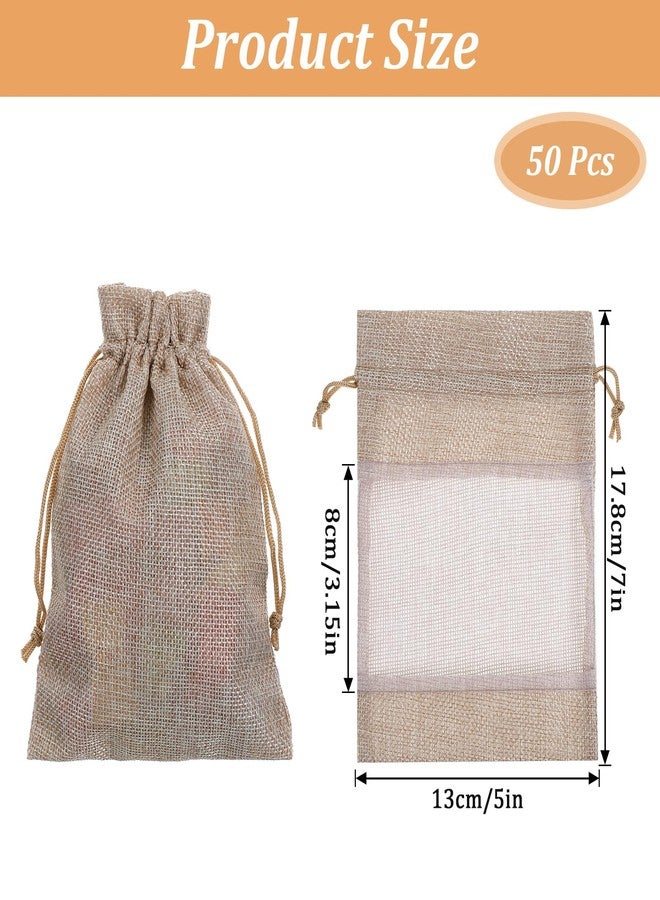 Caeuiciw 50 Pcs Burlap Bags with Drawstring Burlap Gift Bags 5x7 Small Burlaps Gift Bags With Window Small Linen Sheer Bag Linen Mesh See Through Gifts Bag for Party, Cosmetic Samples - Image 2