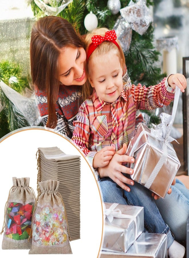 Caeuiciw 50 Pcs Burlap Bags with Drawstring Burlap Gift Bags 5x7 Small Burlaps Gift Bags With Window Small Linen Sheer Bag Linen Mesh See Through Gifts Bag for Party, Cosmetic Samples - Image 4