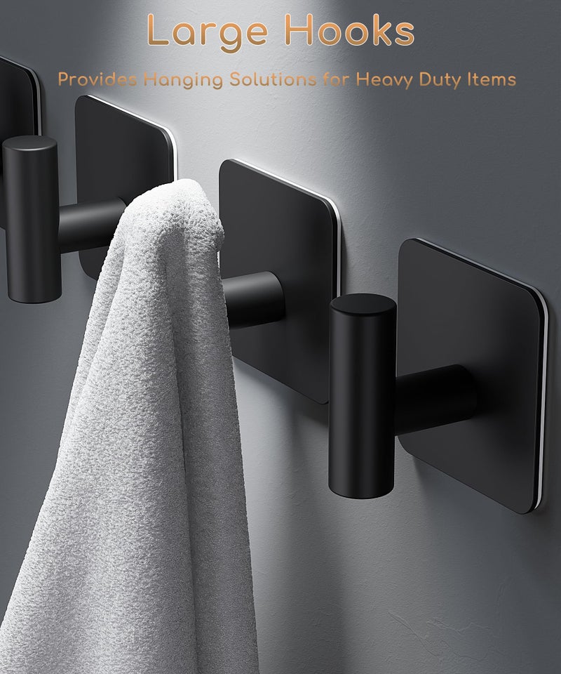 Aikzik 4 Pack Large Heavy Duty Wall Hooks - 26lb Max, Stainless Steel Adhesive Towel Hook, Shower Hooks for Hanging Towel, Coat, Robe, Wall Hook for Use in Bathroom, Kitchen and Door, Matte Black - Image 2
