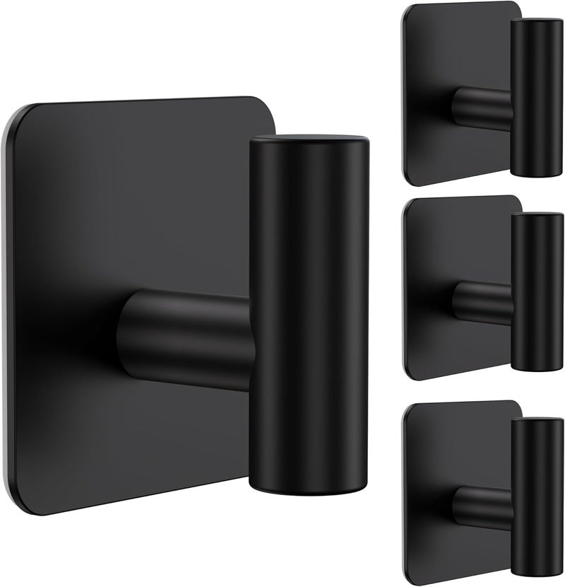 Aikzik 4 Pack Large Heavy Duty Wall Hooks - 26lb Max, Stainless Steel Adhesive Towel Hook, Shower Hooks for Hanging Towel, Coat, Robe, Wall Hook for Use in Bathroom, Kitchen and Door, Matte Black - Image 1