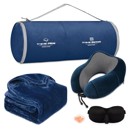 urnexttour Travel Pillow and Blanket Set Neck Pillows Travel Essentials with Sleep Mask for Airplane Car Memory Foam Blue - Image 1