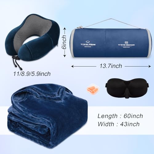 urnexttour Travel Pillow and Blanket Set Neck Pillows Travel Essentials with Sleep Mask for Airplane Car Memory Foam Blue - Image 2