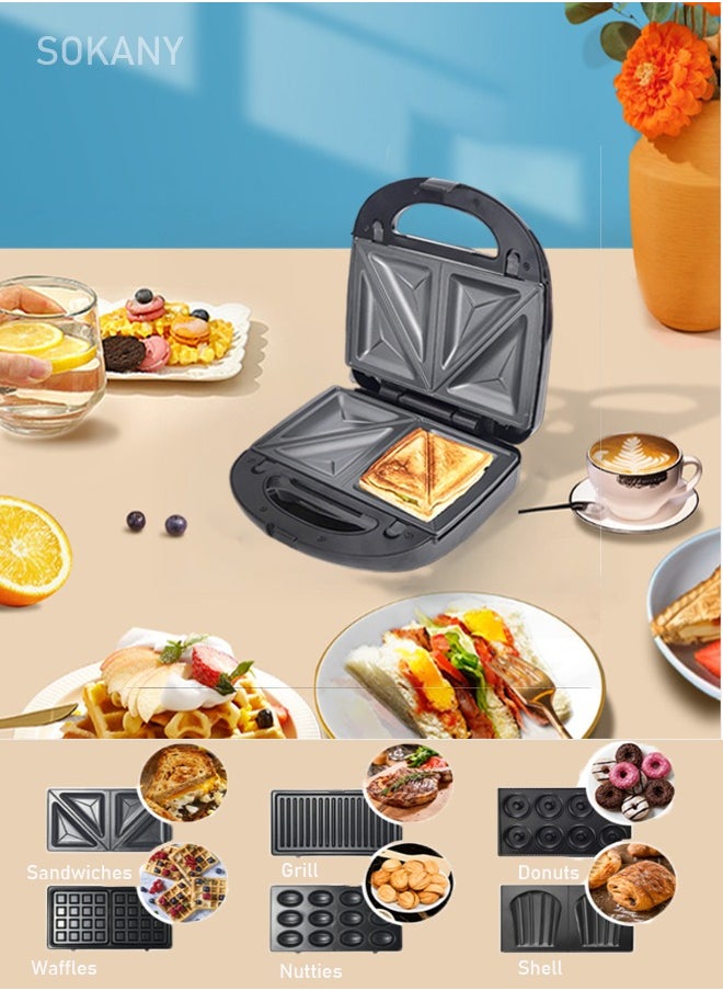 sokany 6-In-1 Non-Stick Multi Sandwiches Maker with Sandwich+Grill+Waffle+Donut+Nutties+Shell Detachable Plates, Snacks Maker, Sandwich Heater for Home Kitchen, 2 Slices,750W SK-908 Black/Silver.  - Image 2