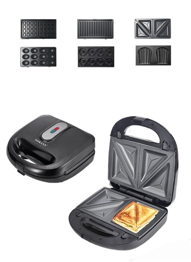 sokany 6-In-1 Non-Stick Multi Sandwiches Maker with Sandwich+Grill+Waffle+Donut+Nutties+Shell Detachable Plates, Snacks Maker, Sandwich Heater for Home Kitchen, 2 Slices,750W SK-908 Black/Silver.  - Image 1