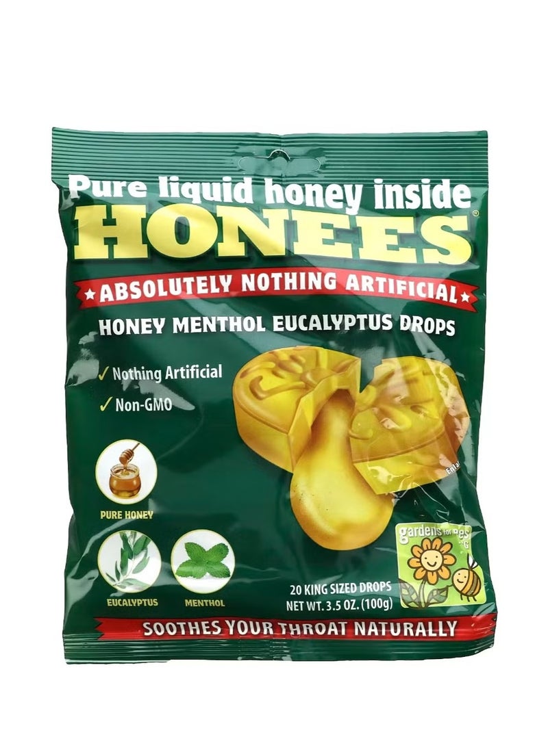 Honees Honey Menthol Eucalyptus Drops 20 King Sized Drops 3.5 oz (100 g)  - Image 1