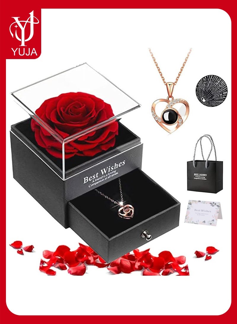 YUJA Preserved Flowers with Necklace Gift Box - Forever Red Rose with I Love You Necklace for Mom/Daughter/Girlfriend/Wife on Anniversary/Wedding/Birthday/Birthday (Red) - Image 1