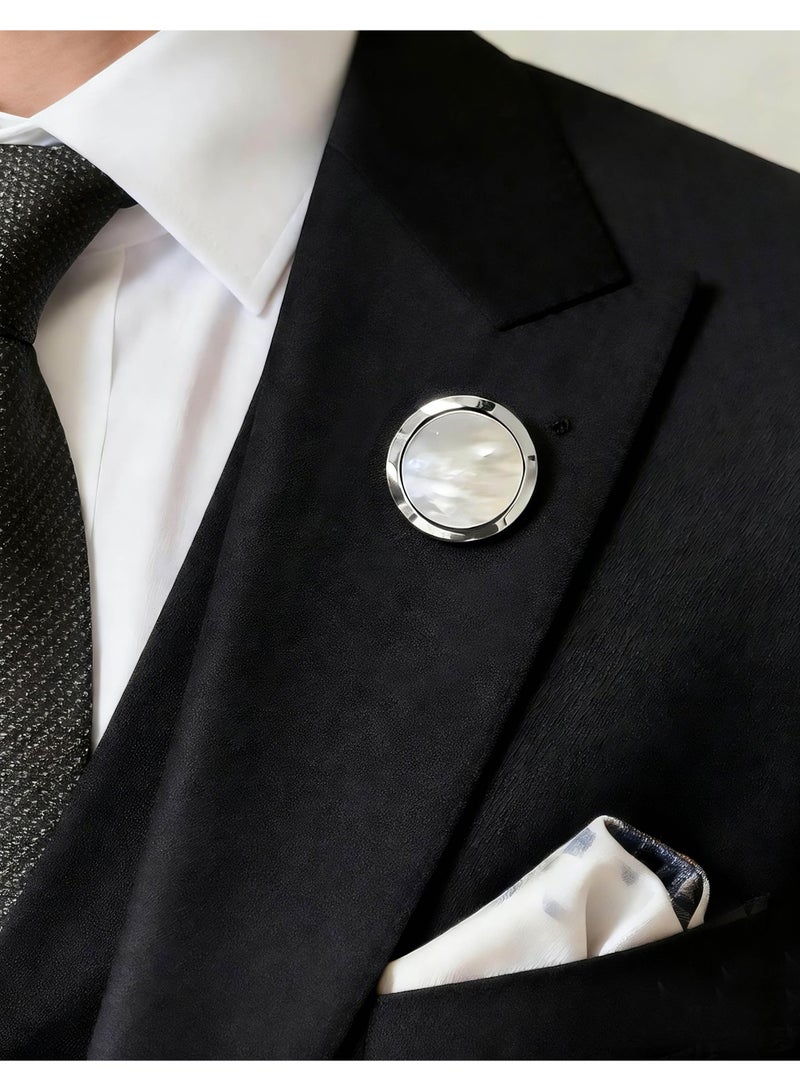 HomeNoor Classic Mother of Pearl Brooch, Silver Round Lapel Pin, Premium Suit Accessory for Business, Wedding, Formal & Casual Wear, Perfect Gift for Men & Women - Image 1