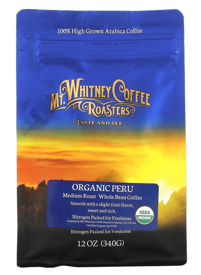 MT. WHITNEY COFFEE ROASTERS Organic Peru Whole Bean Coffee Medium Roast 12 oz (340 g) 